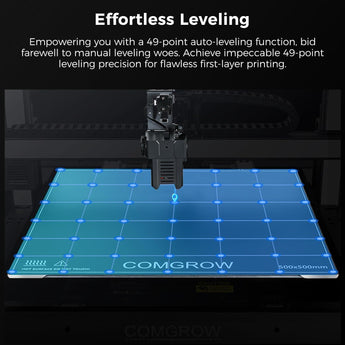 49-point auto-leveling function of the Comgrow T500 ensuring precise first-layer printing.