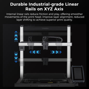 Real linear rails on all axes of the Comgrow T500 for enhanced stability and smoother print head movements.